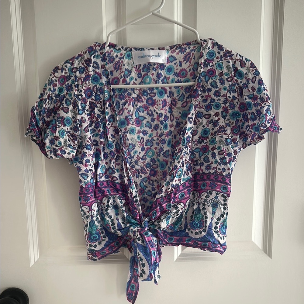 Blue and Purple Tie Front Blouse with Short Sleeves